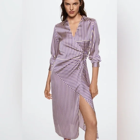 Mango (MNG) Satin Purple & Cream Striped Wrap Dress. Mid Length. Size 8. - Picture 2 of 15